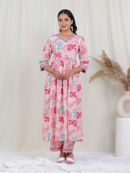 ARAMYA - Pink Soft Cotton Foliage Print Kurta with Pant
