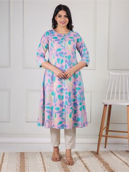 ARAMYA - Pink Linen Cotton A-Line Floral Print Kurta with Pant