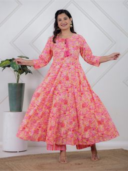 ARAMYA - Peach Soft Cotton Flared Floral Print Kurta with Palazzo