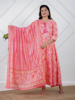 ARAMYA - Peach Soft Cotton Flared Floral Print Kurta and Palazzo with Dupatta