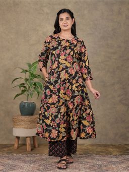 ARAMYA - Black Soft Cotton A-Line Floral Print Kurta with Palazzo
