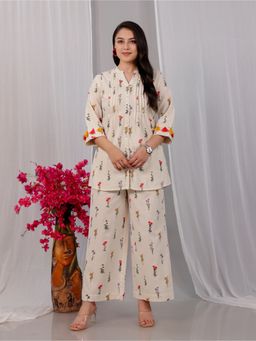 ARAMYA - Off White Linen Cotton Floral Print Co-ord Set
