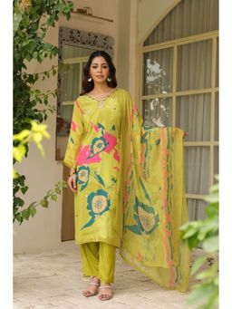 Zolo Label - Pista Green Floral Printed Crape Kurta And Pant with Dupatta