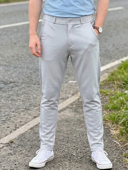 Greylongg - Men Light Grey Pure Cotton Solid Regular Fit Trouser