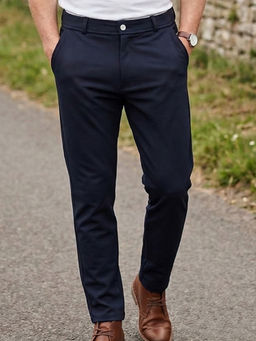 Greylongg - Men Navy Blue Pure Cotton Solid Regular Fit Trouser
