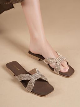 Drop Bold - Women Brown Embellished Open Toe Flats