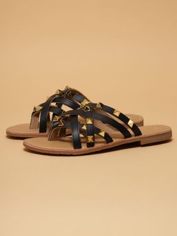 ERIDANI - Women Mian Black Studded Multi-Strap Slip-On Flats
