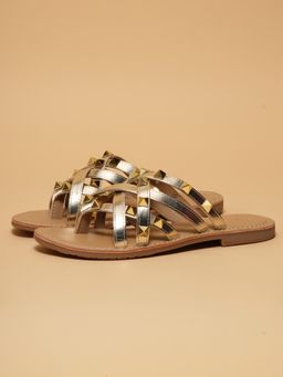 ERIDANI - Women Mian Gold Studded Multi-Strap Slip-On Flats
