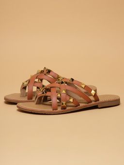 ERIDANI - Women Mian Tan Studded Multi-Strap Slip-On Flats