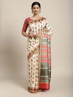 Akhilam - Women Silk Blend Off White Printed Designer Saree with Unstitched Blouse