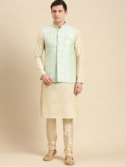 Sanwara - Mens Printed Solid Jacquard Light Blue Jacket and Kurta (Set of 2)