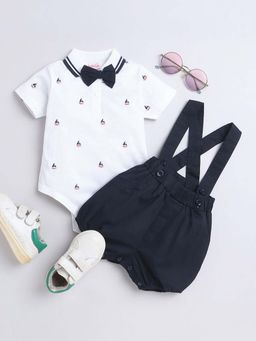 Hopscotch - Boys Navy Graphic Print Onesie and Suspender Shorts with Bow