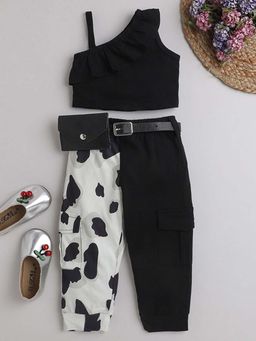 Hopscotch - Girls Black and White Cow Print Ruffled Crop Top Pant with Belt