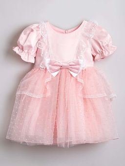 Hopscotch - Girls Peach Bow Applique Party Dress