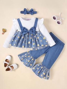 Hopscotch - Girls Blue Floral Print Top and Pant with Headband