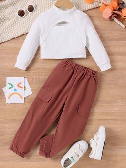 Hopscotch - Girls White and Brown Solid Cami with T-Shirt Joggers