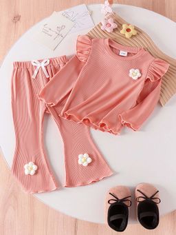 Hopscotch - Girls Peach Textured Full-Sleeve Top and Pant with Floral Applique