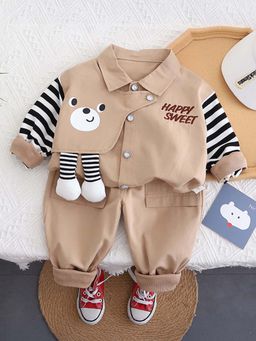 Hopscotch - Boys Beige Stripe Print Shirt and Pant