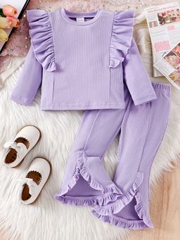 Hopscotch - Girls Lavender Textured Ruffled Full-Sleeve Top and Pant