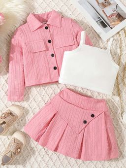 Hopscotch - Girls Pink and White Textured Strappy Top with Jacket Skirt