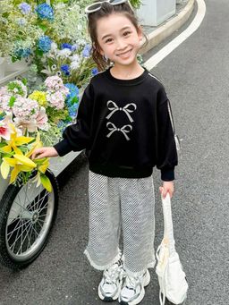 Hopscotch - Girls Black and White Stripe Print Sweatshirt Pant