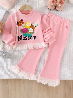 Hopscotch - Girls Pink Floral Applique Sweatshirt and Pant with Lace Detail