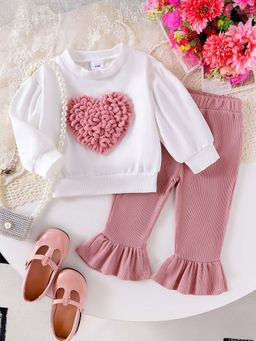 Hopscotch - Girls White and Pink Heart Applique Sweatshirt Pant