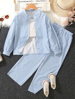 Hopscotch - Girls Blue and White Stripe Print Top with Shirt Pant