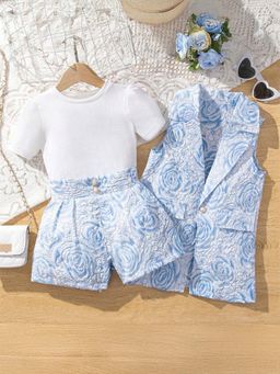 Hopscotch - Girls Blue and White Floral Print T-Shirt, Jacket Shorts