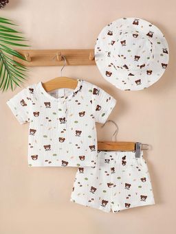 Hopscotch - Boys White Teddy Print Cotton T-Shirt and Shorts with Hat