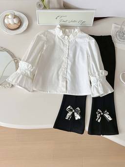 Hopscotch - Girls White and Black Bow Applique Shirt Pant