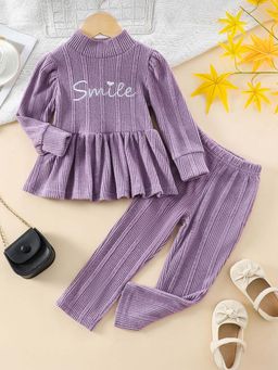 Hopscotch - Girl Purple Textured Text High-Neck Top and Pant