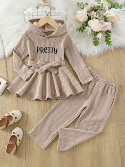 Hopscotch - Khaki Textured Embroidered Hooded Top and Pant with Belt