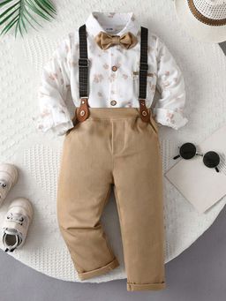 Hopscotch - Boys White and Beige Floral Print Shirt Pant with Bow Suspender