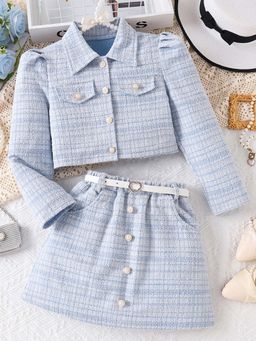 Hopscotch - Blue Textured Jacket and Skirt with Belt