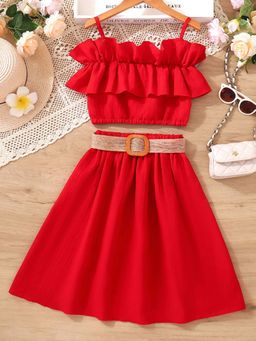 Hopscotch - Red Ruffle Embellished Blouse and Skirt with Belt