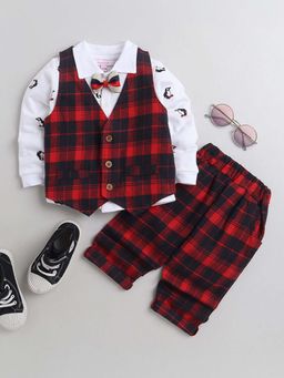 Hopscotch - Boys Red Checkered Waistcoat Shirt and Pant with Bow