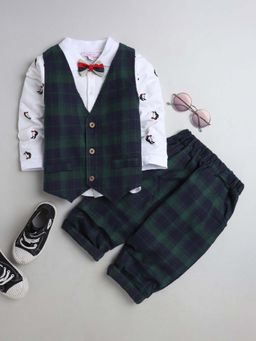 Hopscotch - Boys Green Checkered Waistcoat Shirt and Pant with Bow
