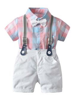 Hopscotch - Boys Multi Coloured Checkered Onesie Shorts with Suspender and Bow