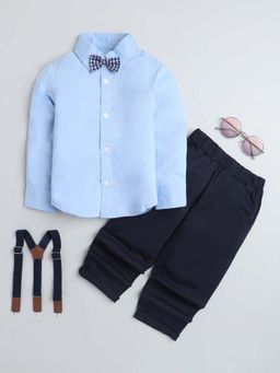 Hopscotch - Boys Blue Solid Shirt and Pant Suspender with Bow