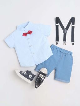 Hopscotch - Boys Blue Polka-Dot Print Shirt and Short with Suspender Bow