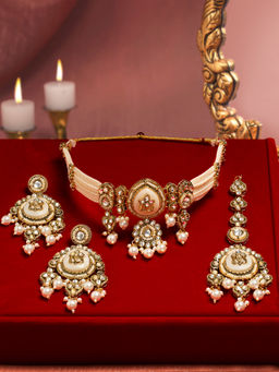 Zaveri Pearls - Women White Alloy Choker with Earring and Maangtikka