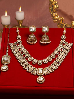 Zaveri Pearls - Women White Alloy Necklace with Earring and Maangtikka