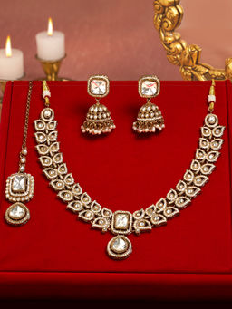 Zaveri Pearls - Women White Alloy Necklace with Earring and Maangtikka