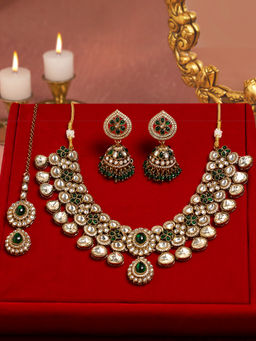 Zaveri Pearls - Women Green Alloy Necklace with Earring and Maangtikka