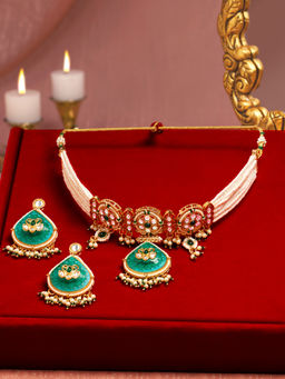 Zaveri Pearls - Women Green Alloy Choker with Earring