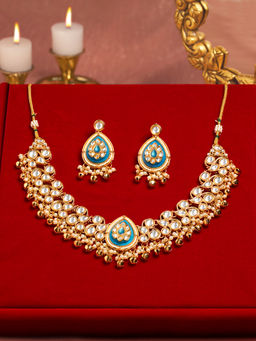 Zaveri Pearls - Women Turquoise Alloy Necklace with Earring