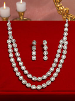 Zaveri Pearls - Silver Tone Dazzling Stones Diamonds Necklace and Earring Jewellery Set