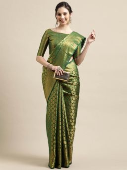 Odette - Green Festive Silk Blend Woven Design Saree with Unstitched Blouse