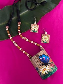 Digital Dress Room - Hand Painted Butterfly Necklace with Earrings Set Brown